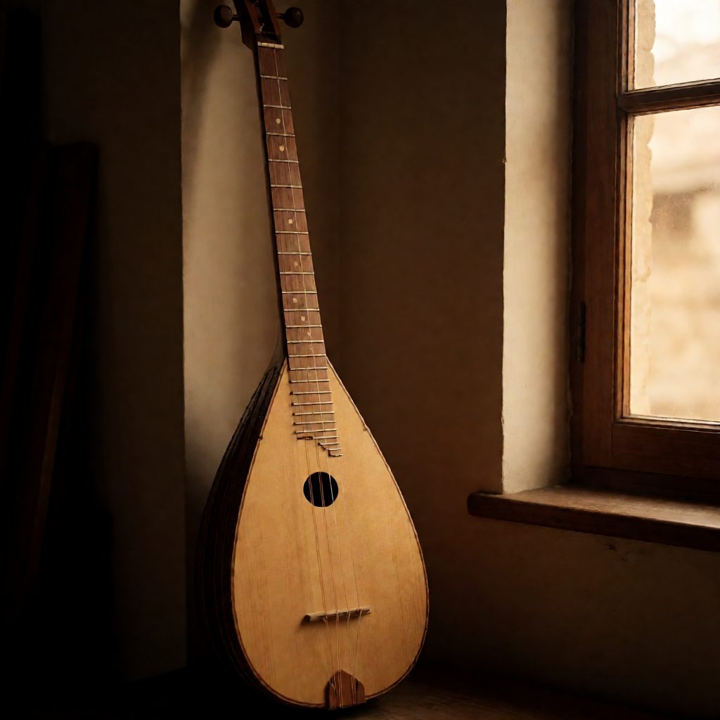 Atölyede pencere önünde duran ladin göğüslü bağlama — Şafak Müzik Pendik